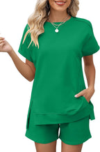LOMON Womens Fashion 2 Piece Outfits Sweatsuits 2026 Summer Short Sleeve Loungewear Tracksuit Round Neck Lounge Shorts Sets
