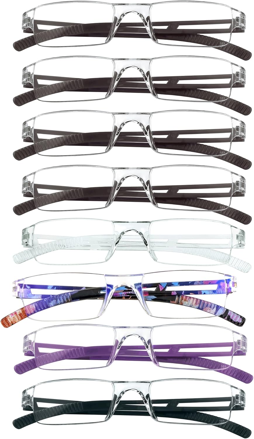 VisionGlobal 8 Pairs Reading Glasses, Blue Light Blocking Glasses, Computer Reading Glasses for Women and Men, Fashion Square Eyewear Frame (4color+4brown,+3.00 Magnification)