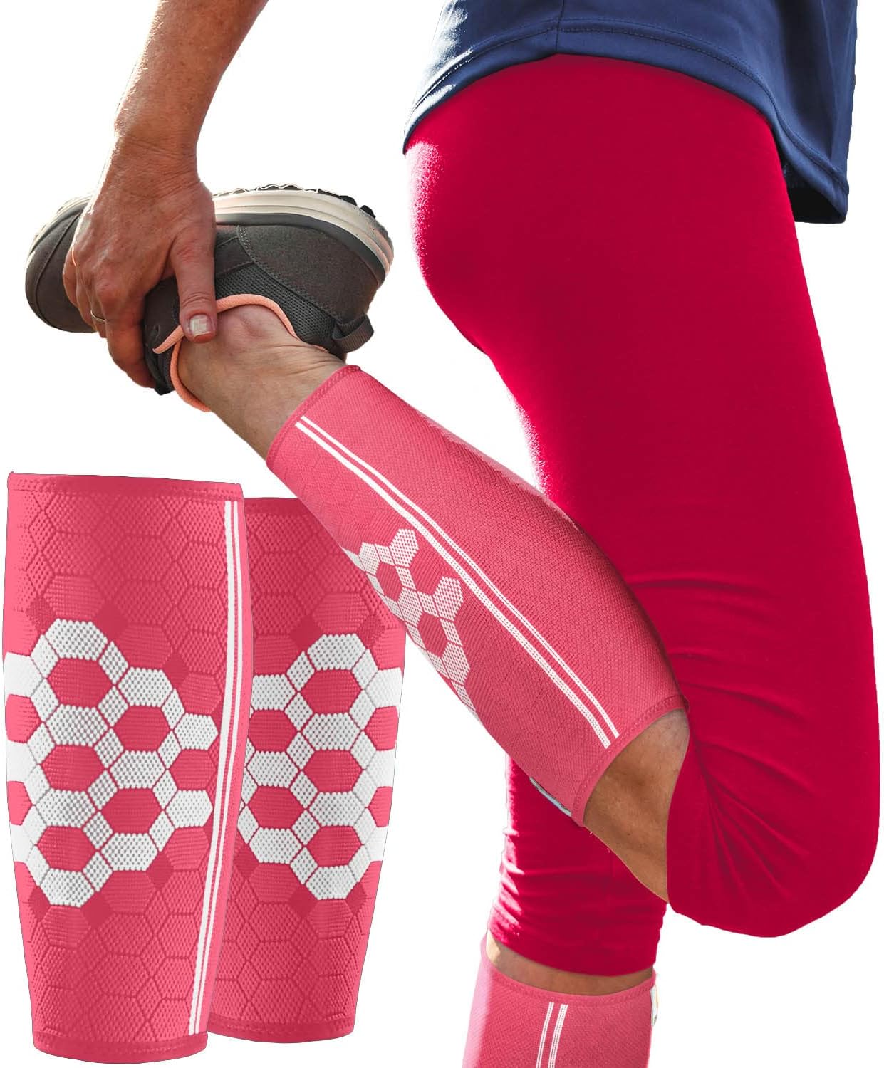 Sparthos Calf Compression Sleeves (Pair) – Leg Compression Socks for Men and Women – Shin Splint, Calves Pain Relief, Blood Circulation, Sports, Support Running Walking Cycling Yoga (Pink-L)