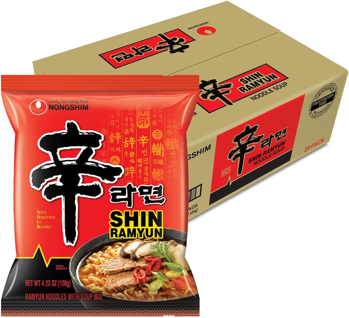 Nongshim Shin Ramyun Noodles, Spicy Korean Signature Instant Ramyun, Rich Beef Flavored Broth, Microwaveable, Korean Instant Noodles, 4.23 oz (Pack of 20), Packaging May Vary.