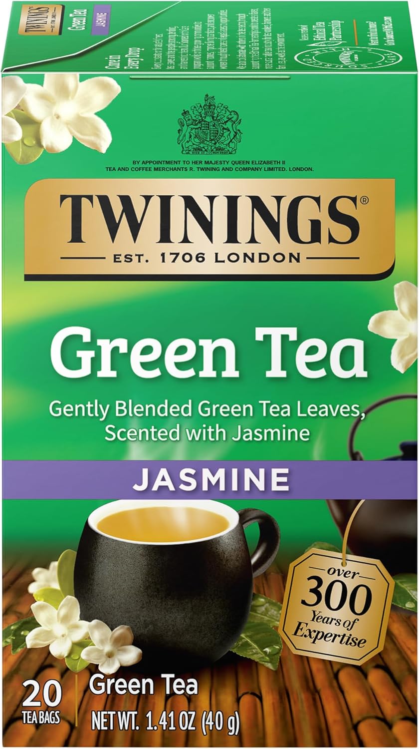 Twinings Green Tea with Jasmine Individually Wrapped Bags, 20 Count (Pack of 1), Fragrant Floral Scent, Caffeinated, Enjoy Hot or Iced, 20 Teabags