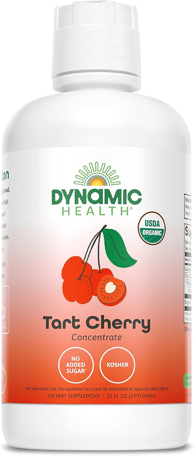 Dynamic Health Organic Tart Cherry Juice, Unsweetened 100% Juice Concentrate, Antioxidants Supplement, No Sweeteners or Additives, Vegan, Gluten Free, BPA Free (32oz)