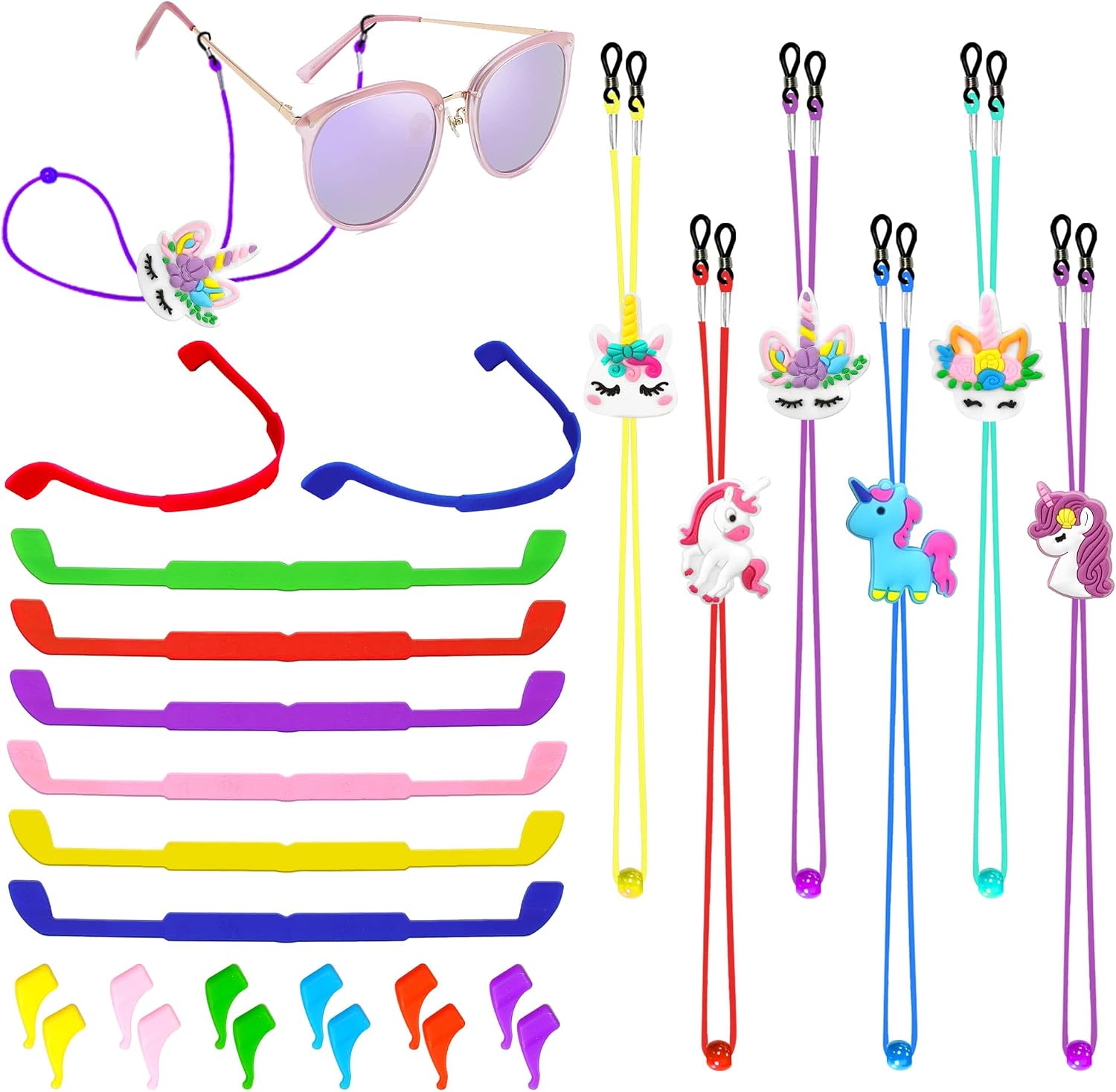 SKYCOOOOL 24 PCS Kids Glasses Strap Rainbow Unicorn Adjuster Anti-slip Silicone Eyeglass Straps Glasses Retainer Cute Decorations For Girls