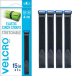 VELCRO Brand VEL-30792-AMS 15 Inch Elastic Straps 4 Pack | Stretchable and Adjustable for Snug Fit | Fasten Lumber, Yoga Mats, Tools, Camping Equipment, More | Cinch with Buckle, Black 15x1