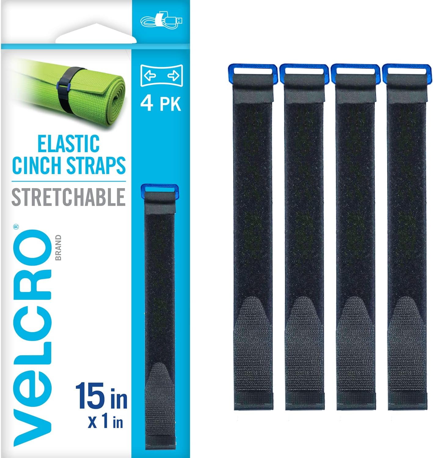 VELCRO Brand VEL-30792-AMS 15 Inch Elastic Straps 4 Pack | Stretchable and Adjustable for Snug Fit | Fasten Lumber, Yoga Mats, Tools, Camping Equipment, More | Cinch with Buckle, Black 15x1