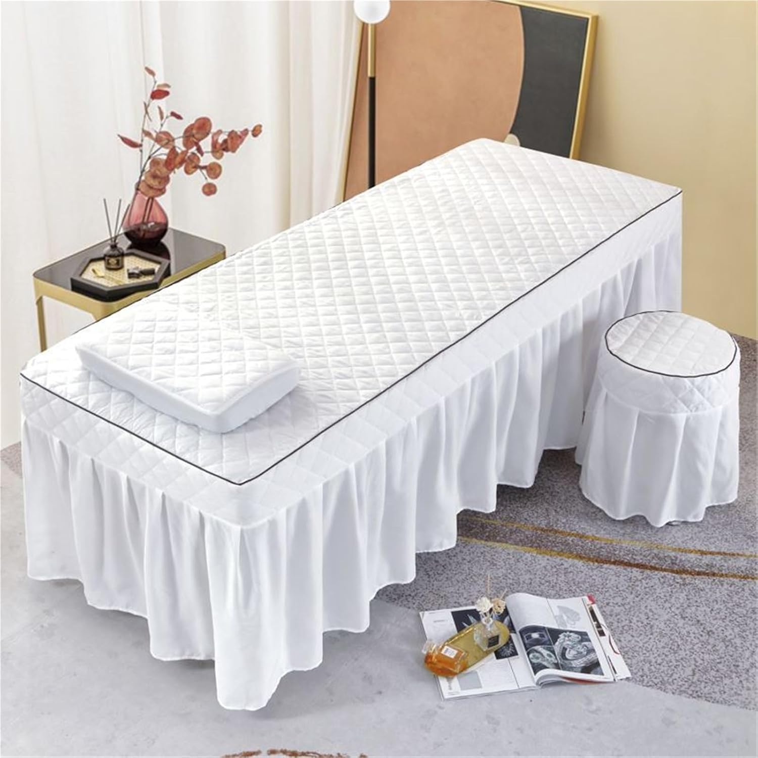 Massage Table Bed Skirt Reusable Massage Bed Cover with Face Hole Skin-Friendly Solid Color Beauty Massage Table Skirt with Pocket for Salons SPA and Therapists (White,74.8x31.5 Inch)