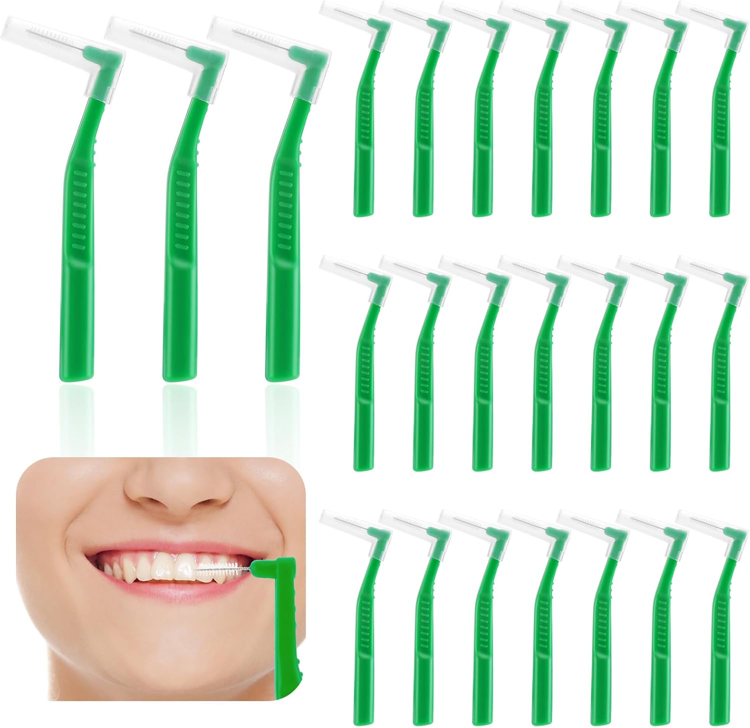 Thinp 25 Pcs Interdental Brushes,L-Shaped Interdental Brushes Angled Interdental Brushes Between Teeth and Gums Soft Bristled Interdental Brushes for Teeth Cleaning Plaque Removal(Green 0.8mm)
