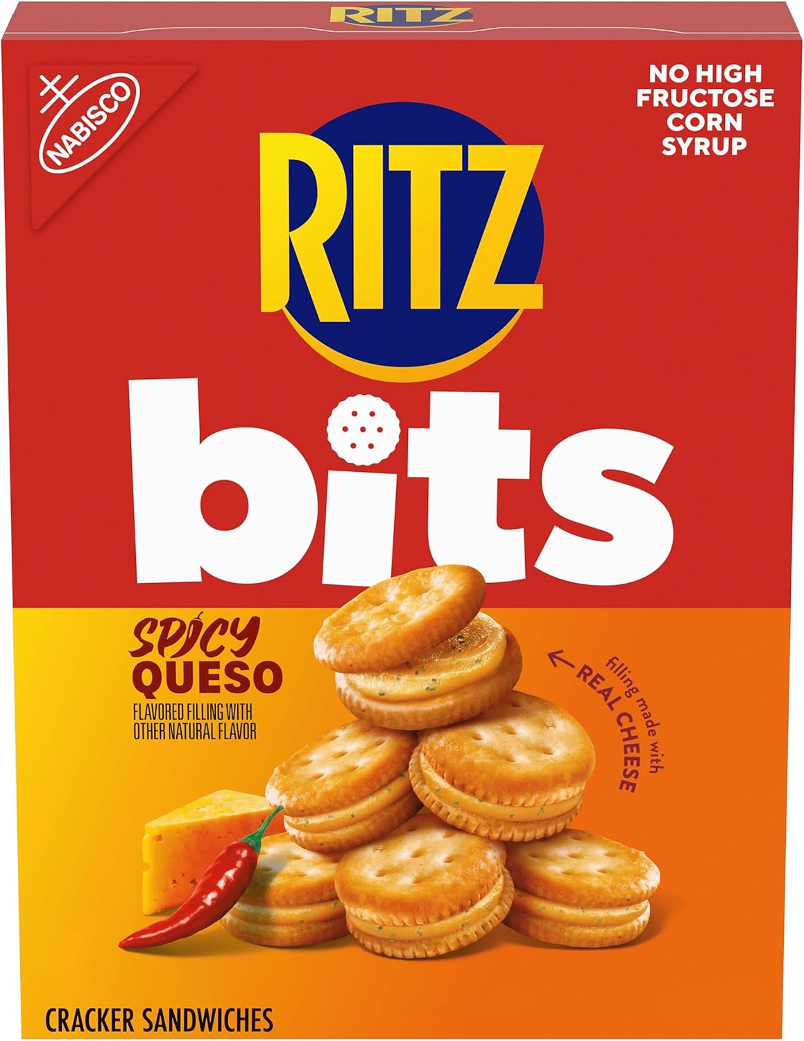 RITZ Bits Spicy Queso Cheese Sandwich Crackers, Snacks for Kids and Adults, Lunch Snacks, 8.8 oz