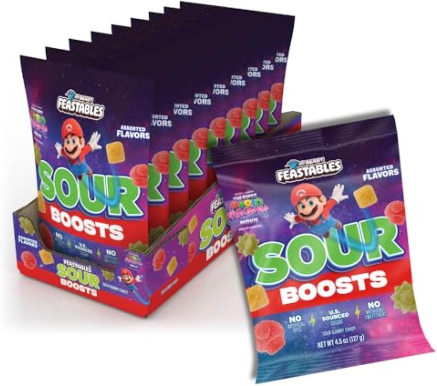 MrBeast Feastables Sour Boosts Gummy Candy, 12 Count, Limited Edition for The Super Mario Galaxy Movie, 4.5oz Each