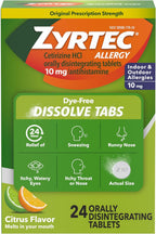 Zyrtec 24 Hour Dye-Free Allergy Relief Dissolve Tablets with 10 mg Cetirizine HCl, Citrus Flavored Antihistamine Allergy Medicine Helps Relieve Sneezing, Runny Nose, & Itchy Eyes, 24 ct