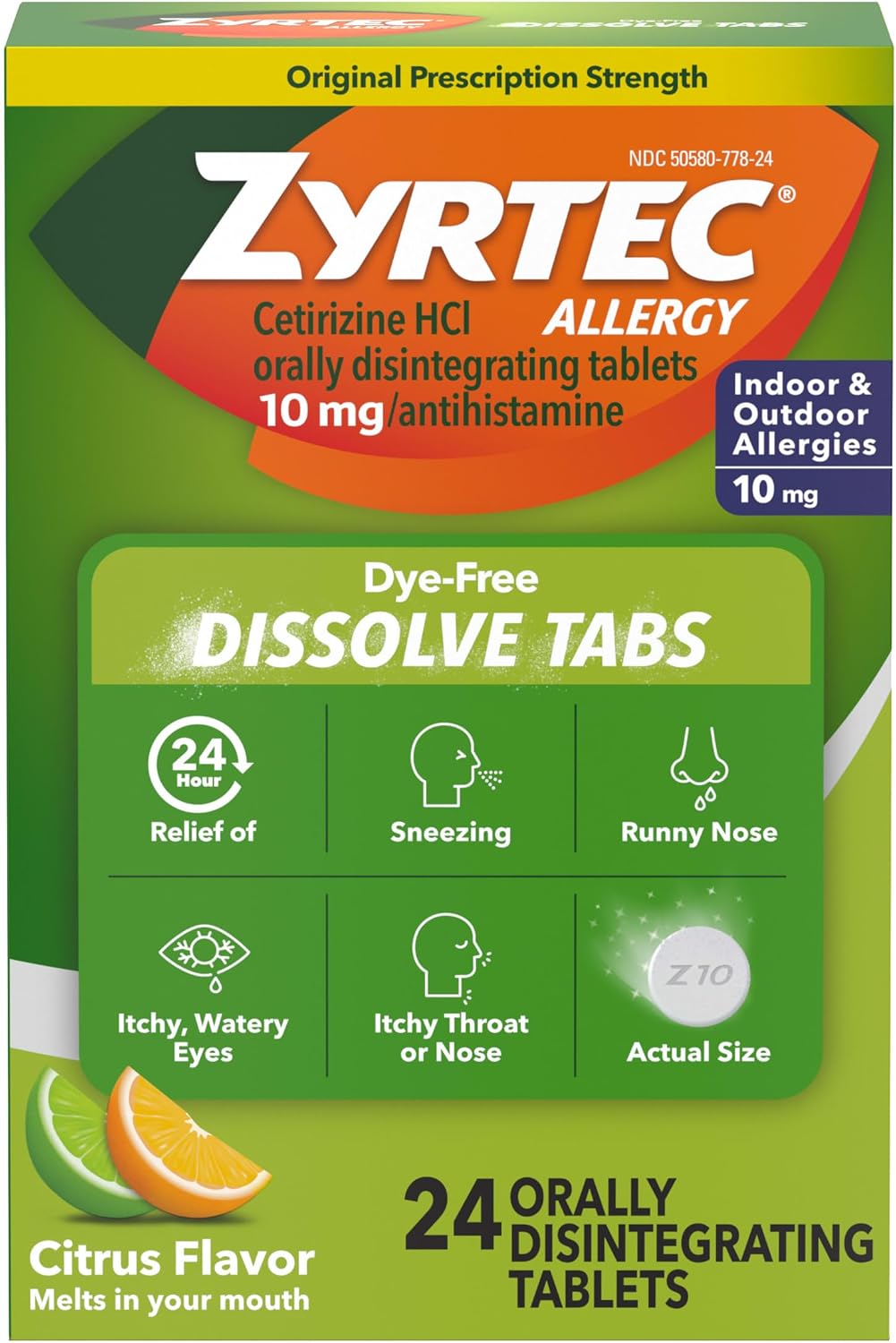 Zyrtec 24 Hour Dye-Free Allergy Relief Dissolve Tablets with 10 mg Cetirizine HCl, Citrus Flavored Antihistamine Allergy Medicine Helps Relieve Sneezing, Runny Nose, & Itchy Eyes, 24 ct