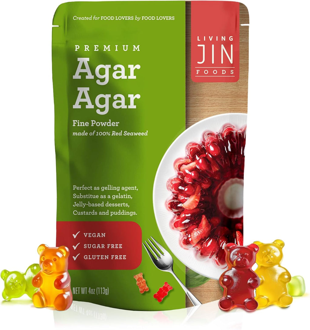 LIVING JIN Agar Agar Powder, 4 oz. Kosher, Plant-Based Gelatin Powder, Vegan Agar Agar, Vegan Jello, Sugar-Free, 100% Natural Red Algae