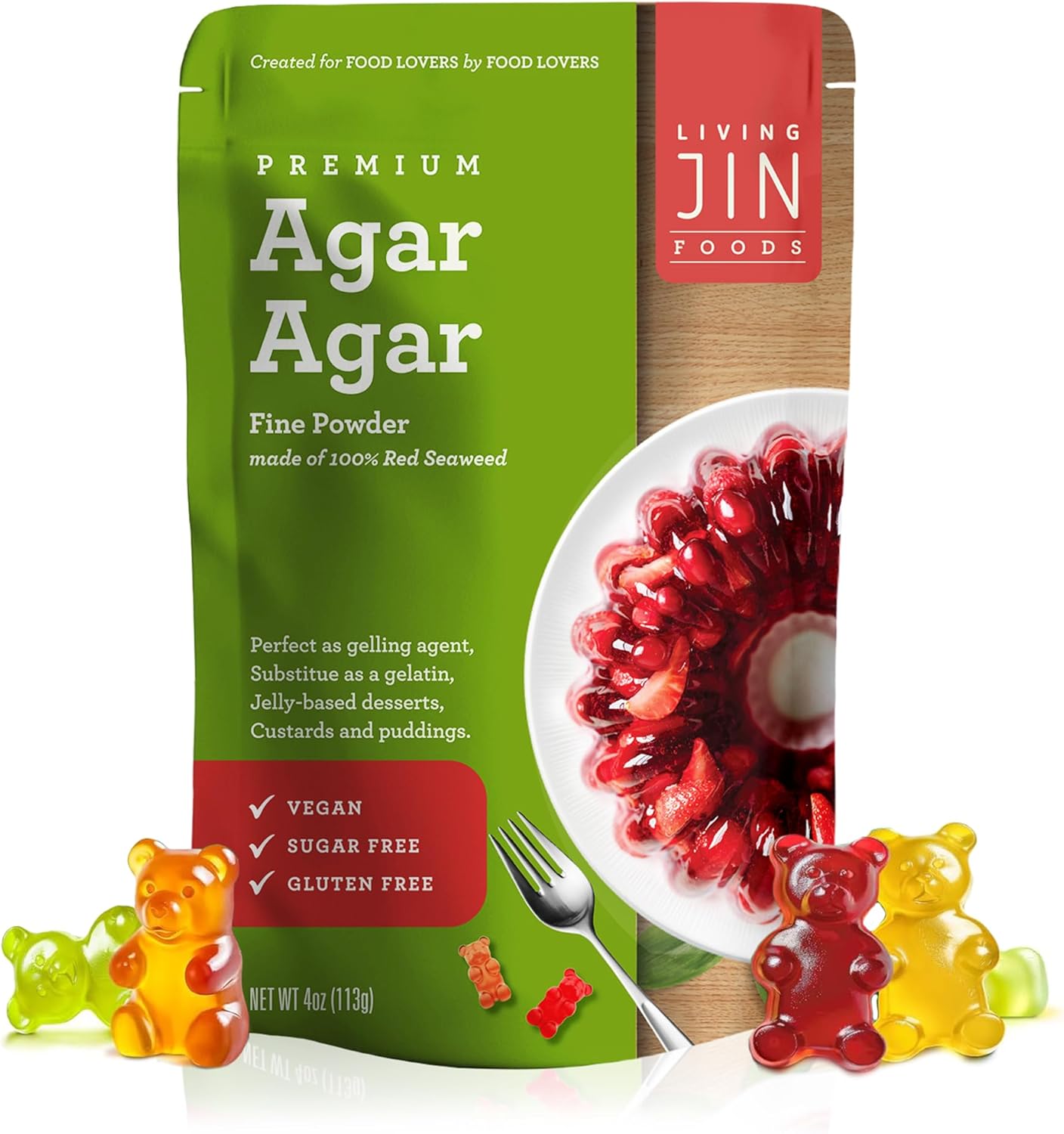 LIVING JIN Agar Agar Powder, 4 oz. Kosher, Plant-Based Gelatin Powder, Vegan Agar Agar, Vegan Jello, Sugar-Free, 100% Natural Red Algae