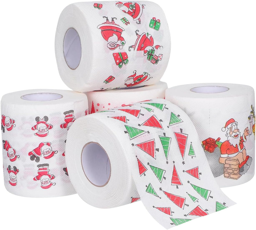 COHEALI Merry Christmas Toilet Paper 5 Rolls Merry Christmas Santa Claus Printed Disposable Paper Towels Xmas Theme Design Hand Roll Towels, 3.93X3.14 Inch