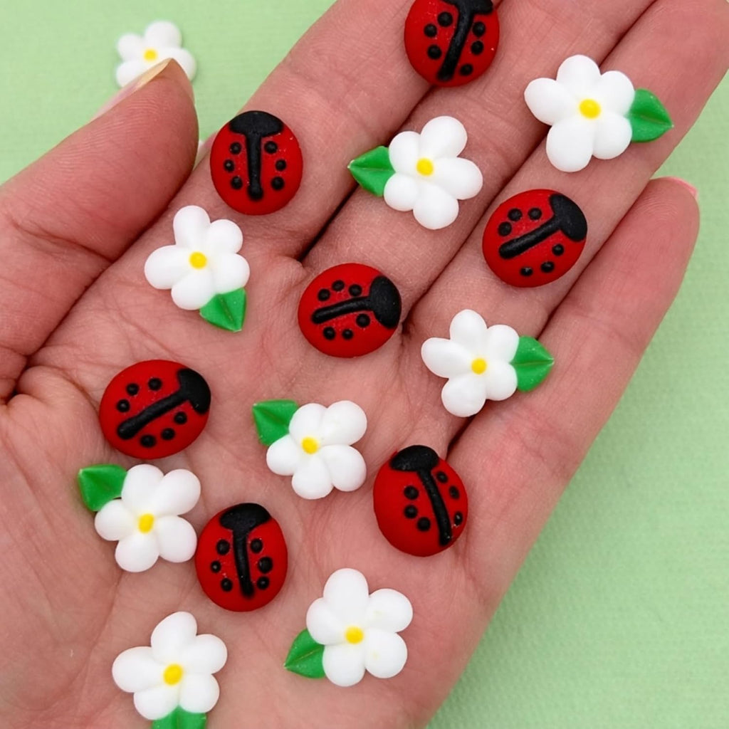 Icing Ladybugs and Daisies | Edible Decorations | Mini Icing Ladybugs & White Sugar Daisies | Spring Cake Toppers | Simply Sucré (18 Ladybug/Daisies)