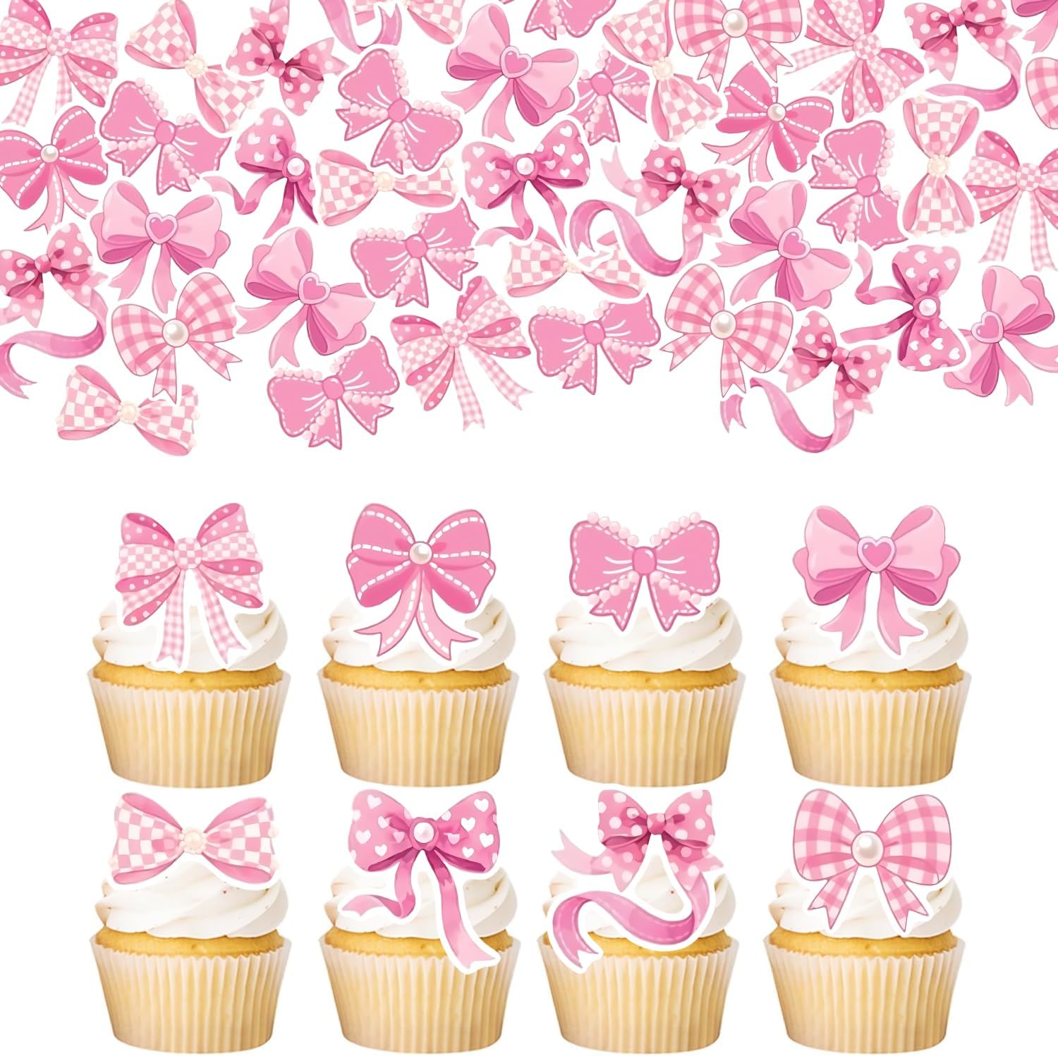 48Pcs Edible Pink Bow Cupcake Toppers Wafer Paper Bowknot Cake Decoration She is Trying the Knot Cupcake Toppers Edible Coquette Bows for Bow Theme Birthday Party Decoration Supplies
