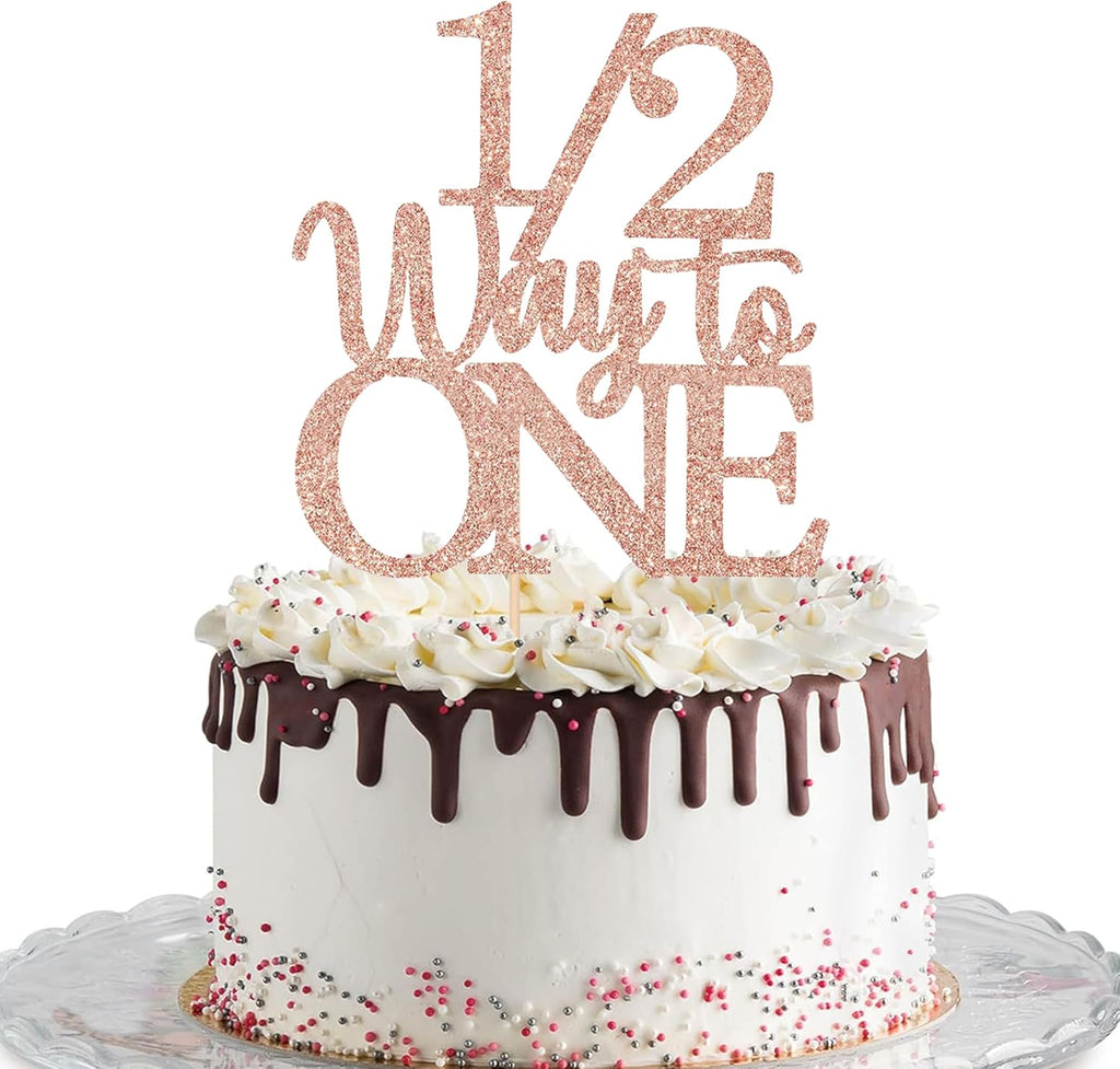 Rose Gold Glitter 1/2 Way to ONE Cake Topper, Sweet Cake Decoration for Half-Birthday, Cute Decor to Celebration Party