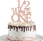 Rose Gold Glitter 1/2 Way to ONE Cake Topper, Sweet Cake Decoration for Half-Birthday, Cute Decor to Celebration Party
