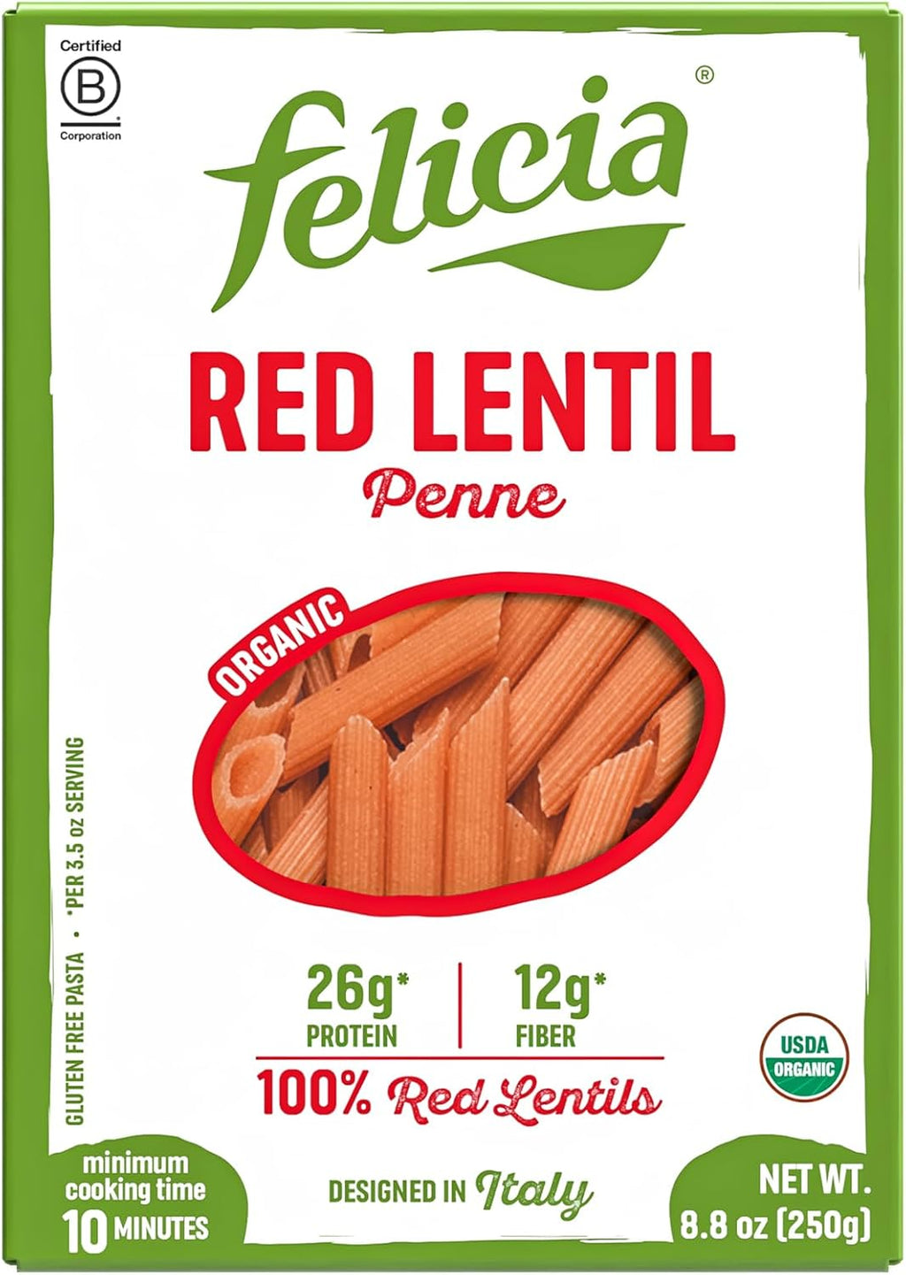 Felicia Gluten Free Pasta, Red Lentil Penne, 26G Protein per Serving, Organic High Protein and Fiber Noodles, Designed in Italy, Plant Based, Made From 100% Lentils, Non GMO, 8.8 Oz, 6 Boxes