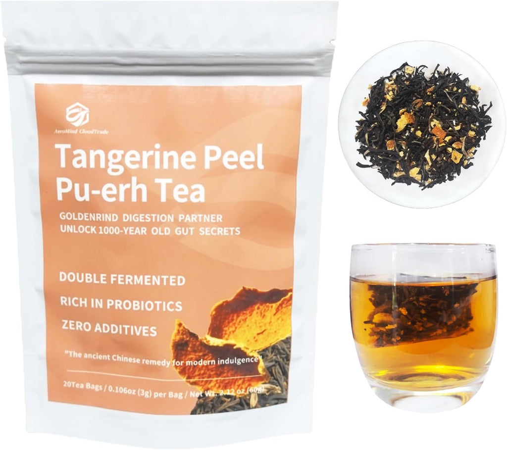 Tangerine Peel Puerh Tea Bags - Chenpi & Puer Herbal Blend for Digestive Aid & Wellness, Ripe fermented Tea with Natural Mandarin Aroma, Traditional Chinese Tea 2.12oz 20 Bags, AeroMind CloudTrade