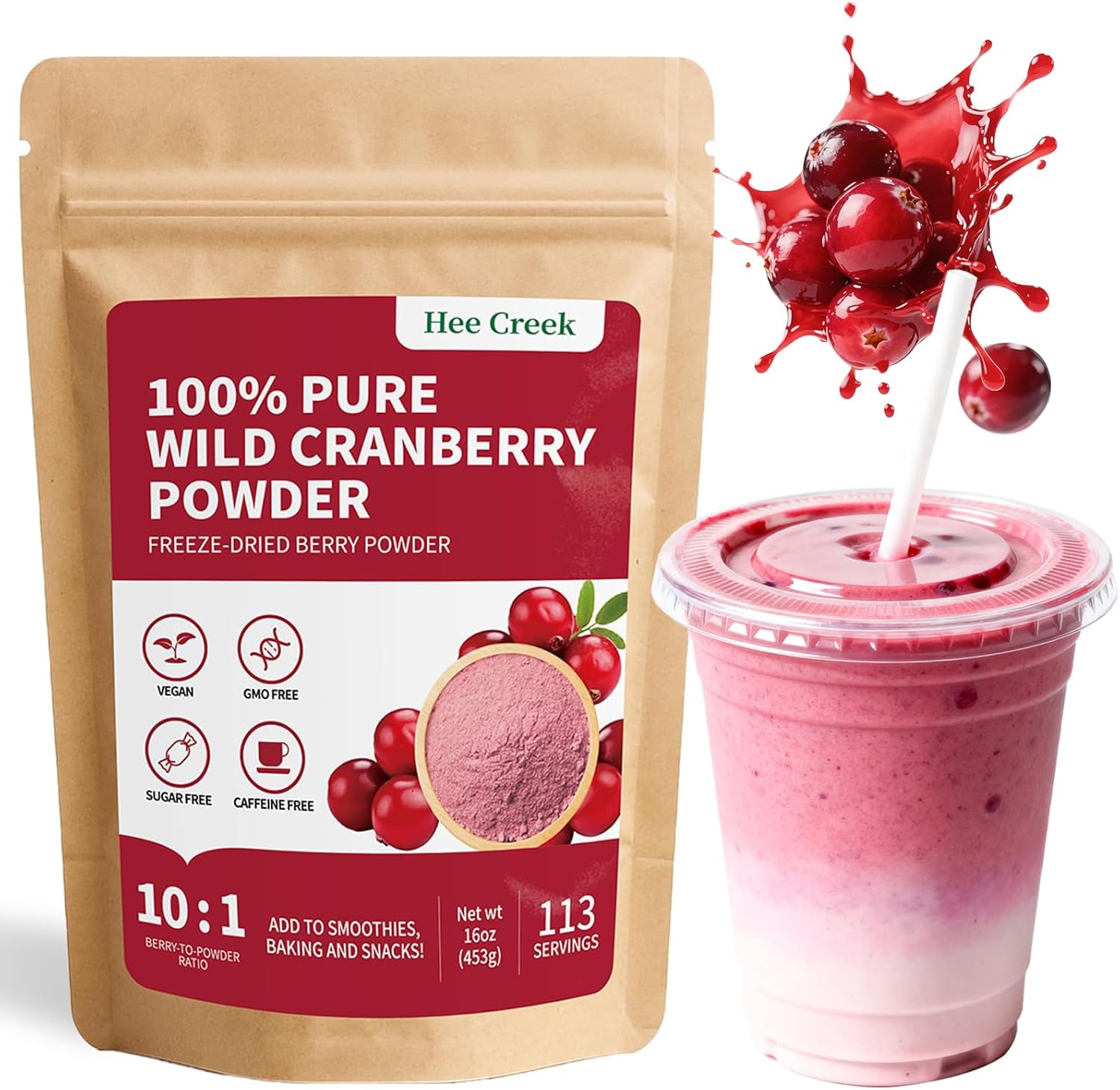 Hee Creek 100% Pure Cranberry Powder 16oz/ 453g Freeze Dried Cranberry Ultra-Fine Fruit Powder for Smoothies & Baking & Beverages & Food Coloring, No Added Sugar & Additives
