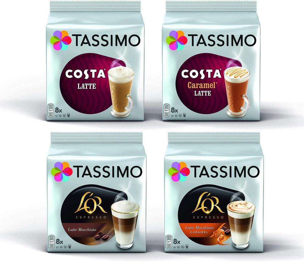 Tassimo 4 Latte Variety Bundle Costa Latte Original + Caramel, Carte Noire Latte Macchiato + Caramel