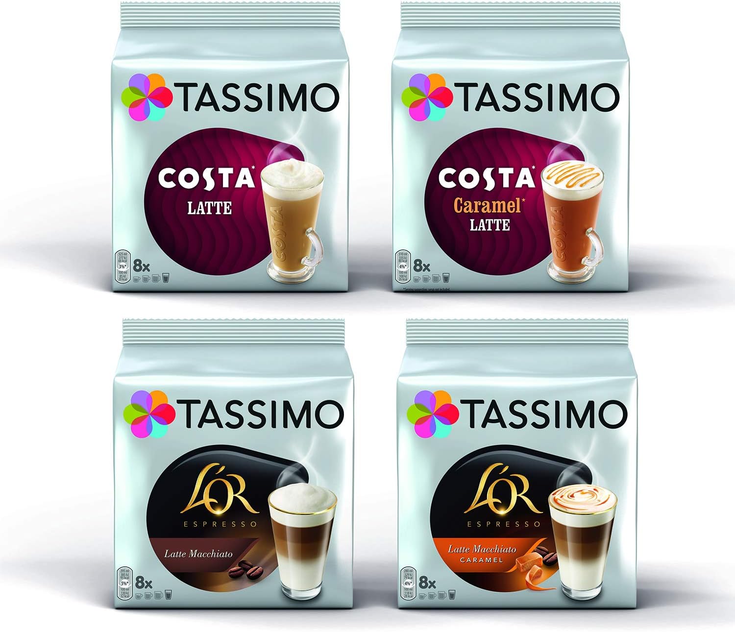 Tassimo 4 Latte Variety Bundle Costa Latte Original + Caramel, Carte Noire Latte Macchiato + Caramel