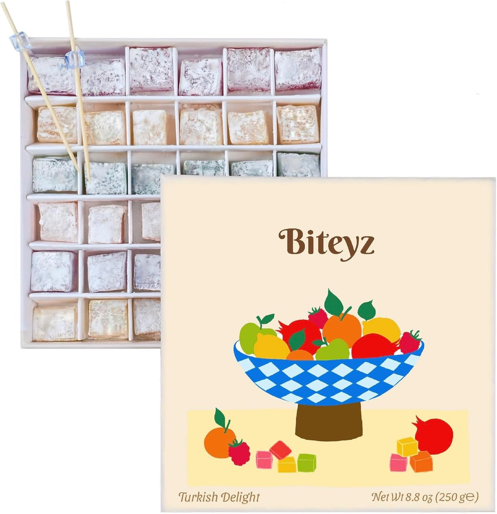 Biteyz Original Turkish Delight, Vegan Candy Gift Box - Assorted Gourmet Fruit Snacks with Lemon, Apple, Orange, Pomegranate, and Raspberry Flavors, 36 Pieces of Luxury Handmade Vegan Treats
