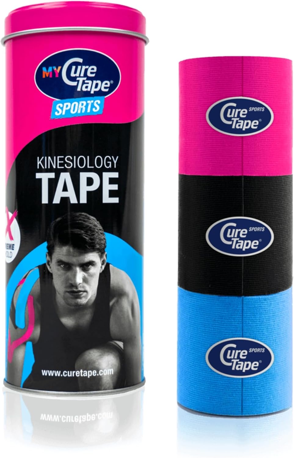 CureTape Sports | Kinesiology Tape for Muscle & Joint Pain | Elastic Therapeutic Tape | Waterproof Athletic Tape | Medical K Tape | 25% Stronger Adhesion | Pink, Black, Blue | 2inx8ft | (Pack of 3)