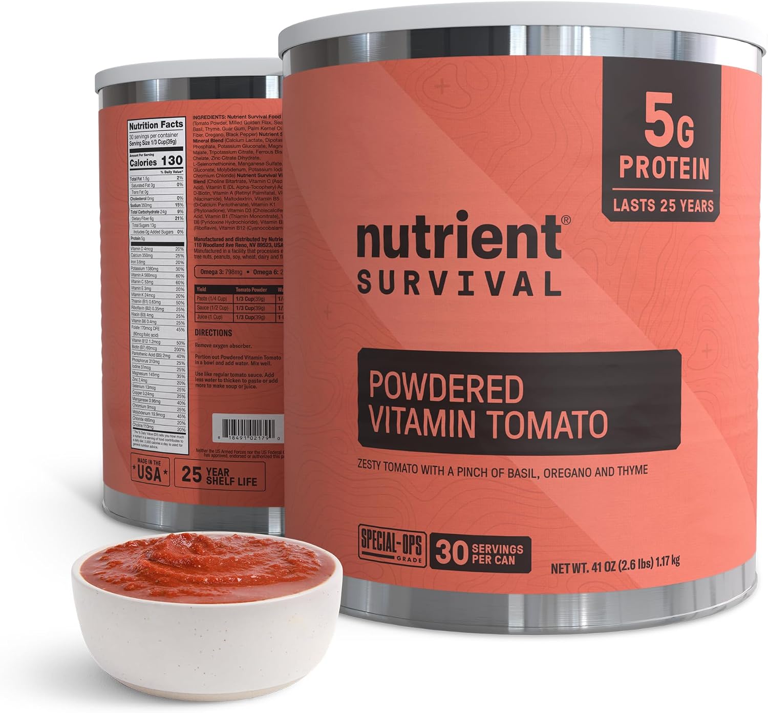 Nutrient Survival Tomato Powder, Powdered Vitamin Tomato (30 Servings) Emergency Food Supply & Camping Supplies for Soups, Sauces, Meatloaf, 40 Nutrients, Shelf Stable up to 25 Years, One Can