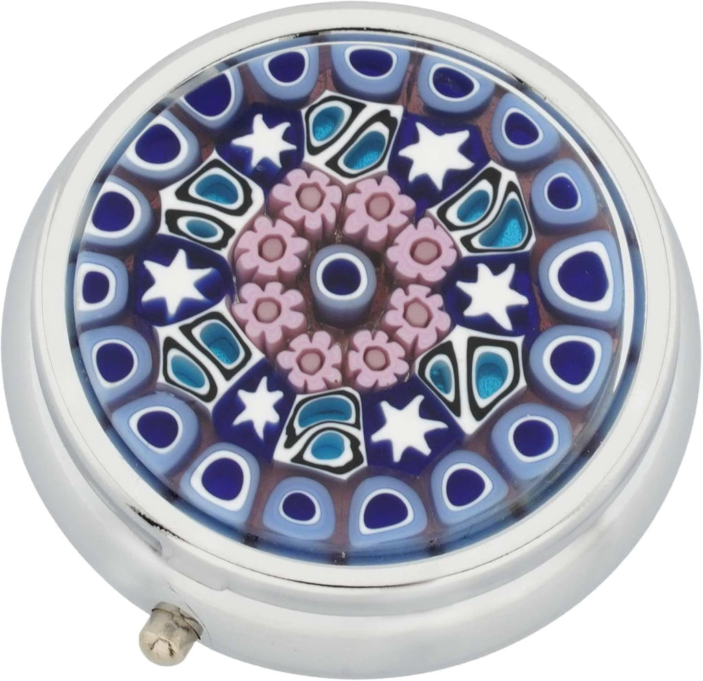 Glass Of Venice Murano Millefiori Pill Box - Silver Round