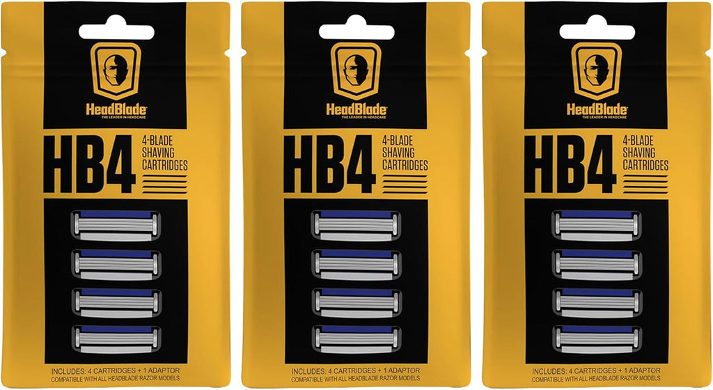 HeadBlade Men's HB4 Refill Shaving Razor Blades - 4 Stainless Steel Blades for No Tugging or Pulling, Shave Less, Works for Face, Body, and Scalp (12 Blades) 3 Pack