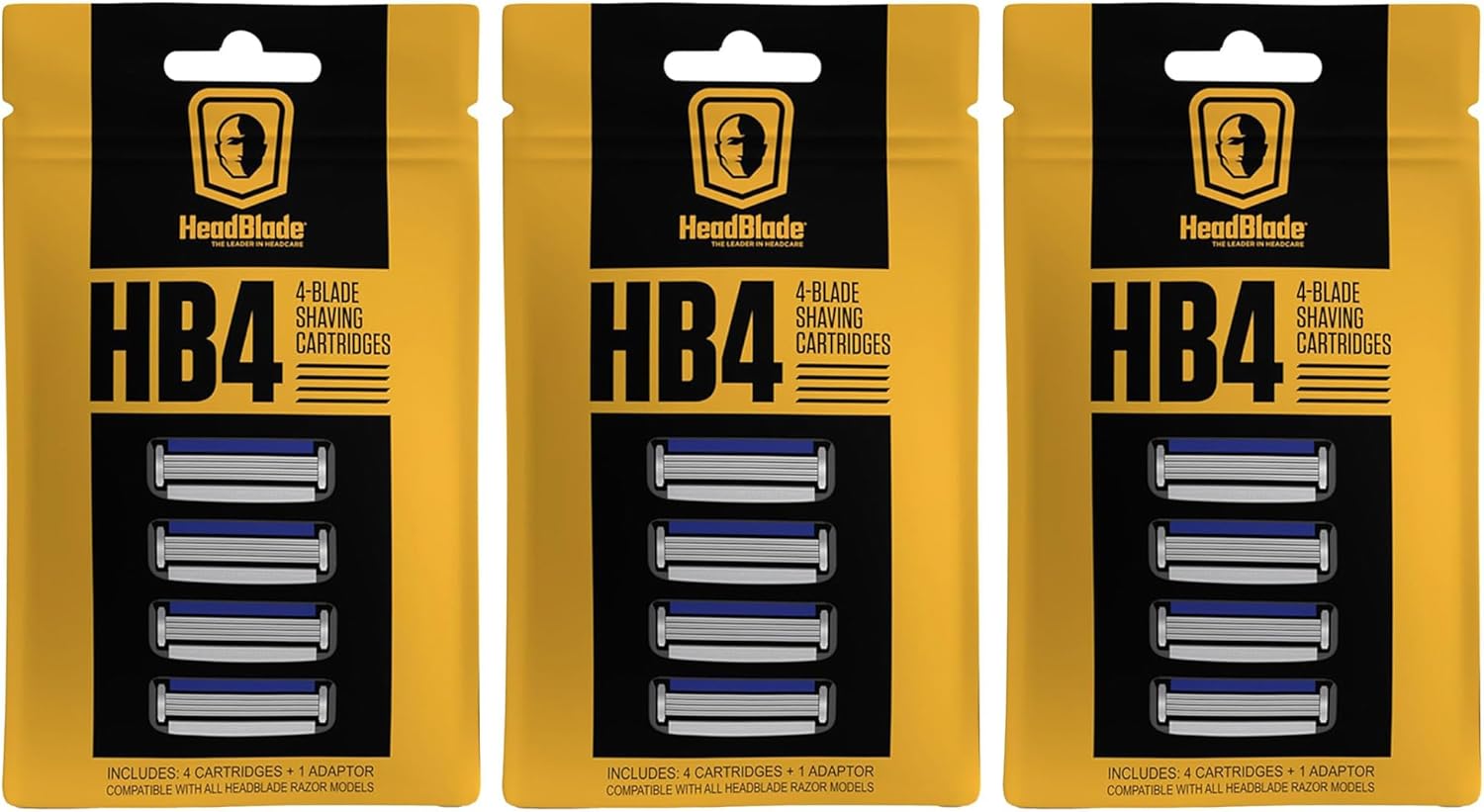 HeadBlade Men's HB4 Refill Shaving Razor Blades - 4 Stainless Steel Blades for No Tugging or Pulling, Shave Less, Works for Face, Body, and Scalp (12 Blades) 3 Pack