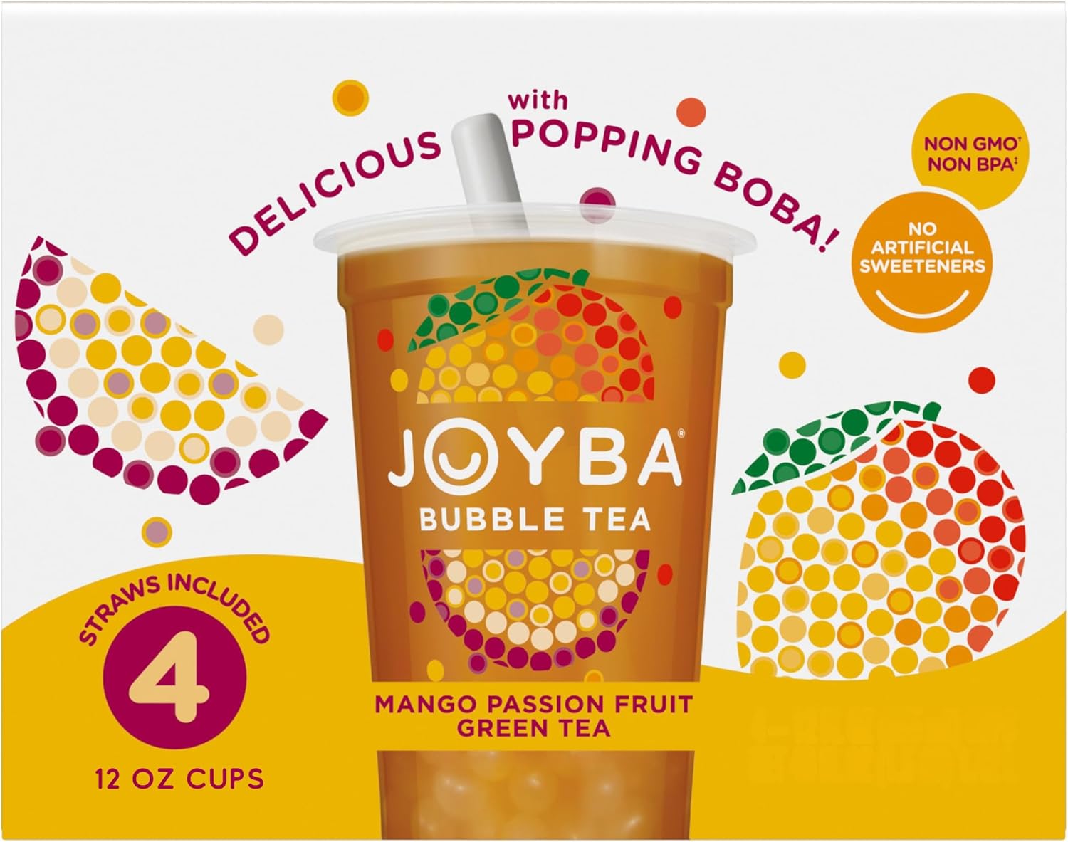 Joyba Bubble Tea Mango Passion Fruit Green Tea, 4 Pack, 12 fl. oz. Cups