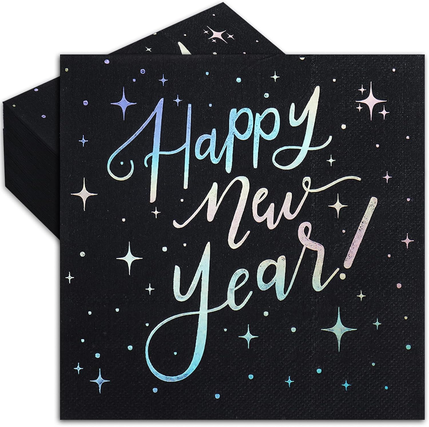 Whaline 80Pcs New Year Luncheon Napkins Disposable Paper Napkin Decorative Black Holographic Happy New Year Dessert Dinner Hand Napkin for Christmas Party Supplies Table Decor