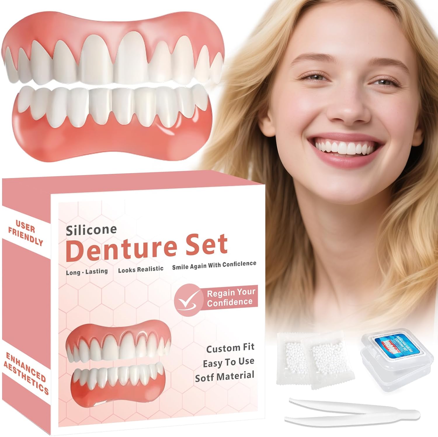 Moldable False Teeth, Dentures for Women and Men, Upper and Lower Silicone Denture Set, Fix your Smile in Minutes, 1PCS-A