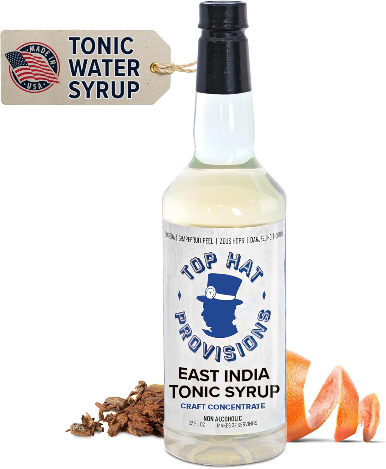 Top Hat East India Craft Concentrated Quinine Tonic Drink Syrup - 5x Natural Quinine Wellness Tonic Water Concentrate - Just Add Club Soda - 32oz bottle