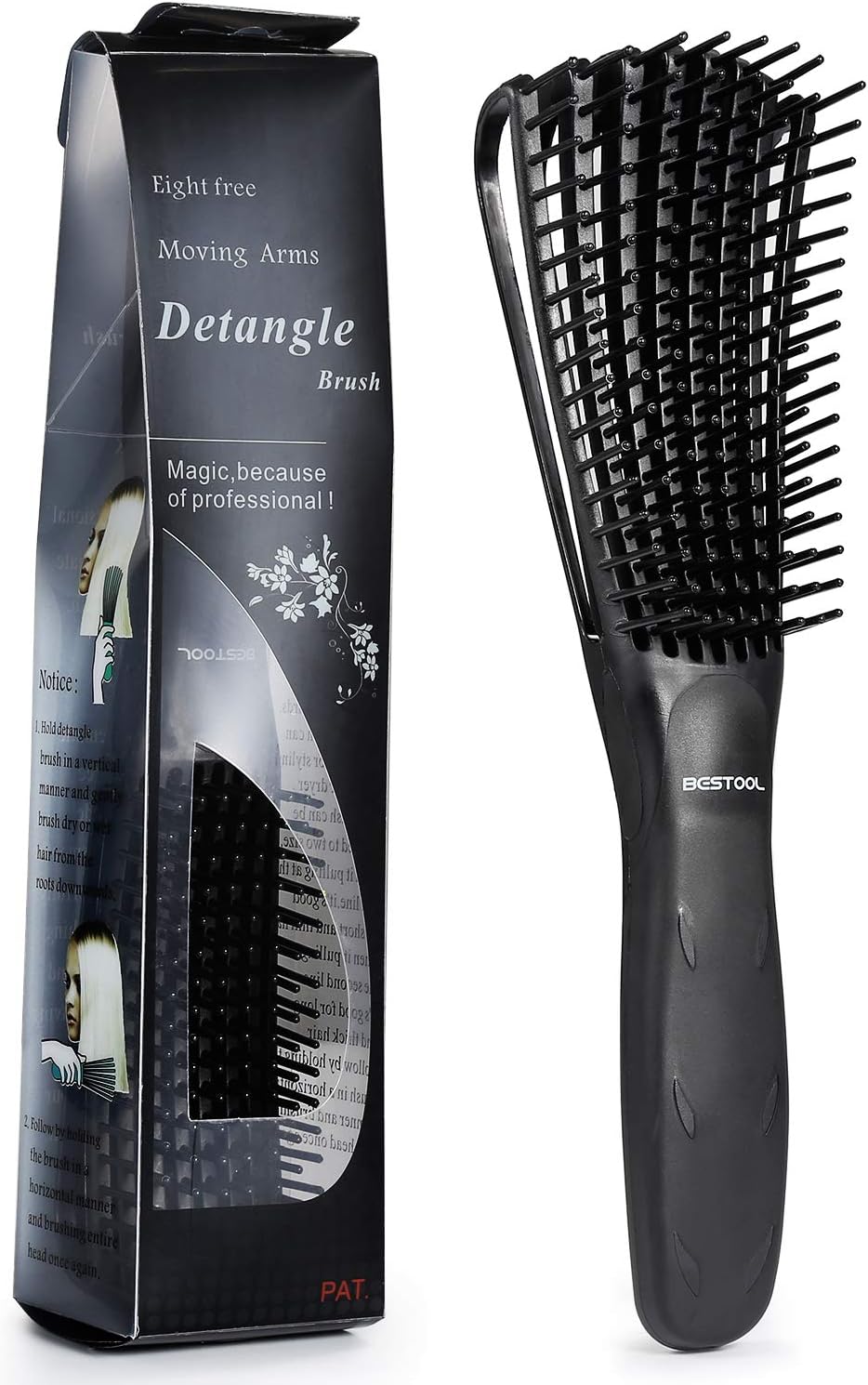 BESTOOL Detangling Brush, Detangler Brush for Natural Black/ Curly Hair Afro 3/4abc Texture, Faster n Easier Detangle Wet or Dry Hair with No Pain (Black)