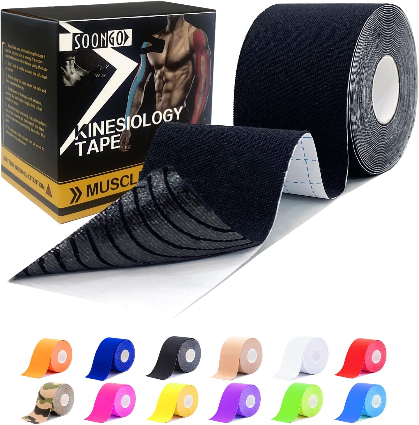 SOON GO Kinesiology Tape 1/2/5 Rolls, 2 Inch High Elasticity Sports Tape Therapeutic Pain Relief–Physio Tape for Muscle Recovery & Joint Support, Waterproof & Hypoallergenic & Breathable–Black