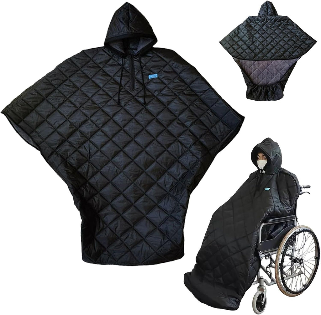 Waterproof Windproof Winter Wheelchair Full Body Warm Blanket, Lightweight Wheelchair Blanket with Zipper, Warmth Wheelchair Cloak poncho, Outdoor Fleece Lined Wheelchair Blanket for Adults with Hat(H