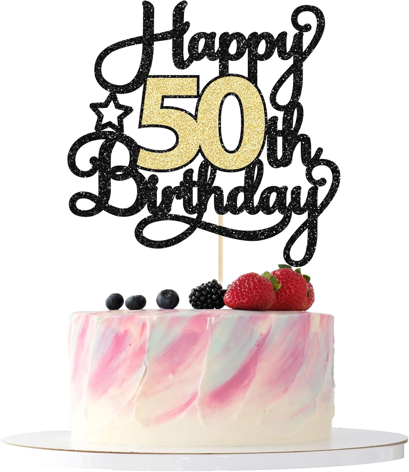 Ephlyn Happy 50th Birthday Cake Topper, 1Pc Black Gold Glitter, 5.9x8.7in, Paper, for Anniversary, Birthday Party Supplies