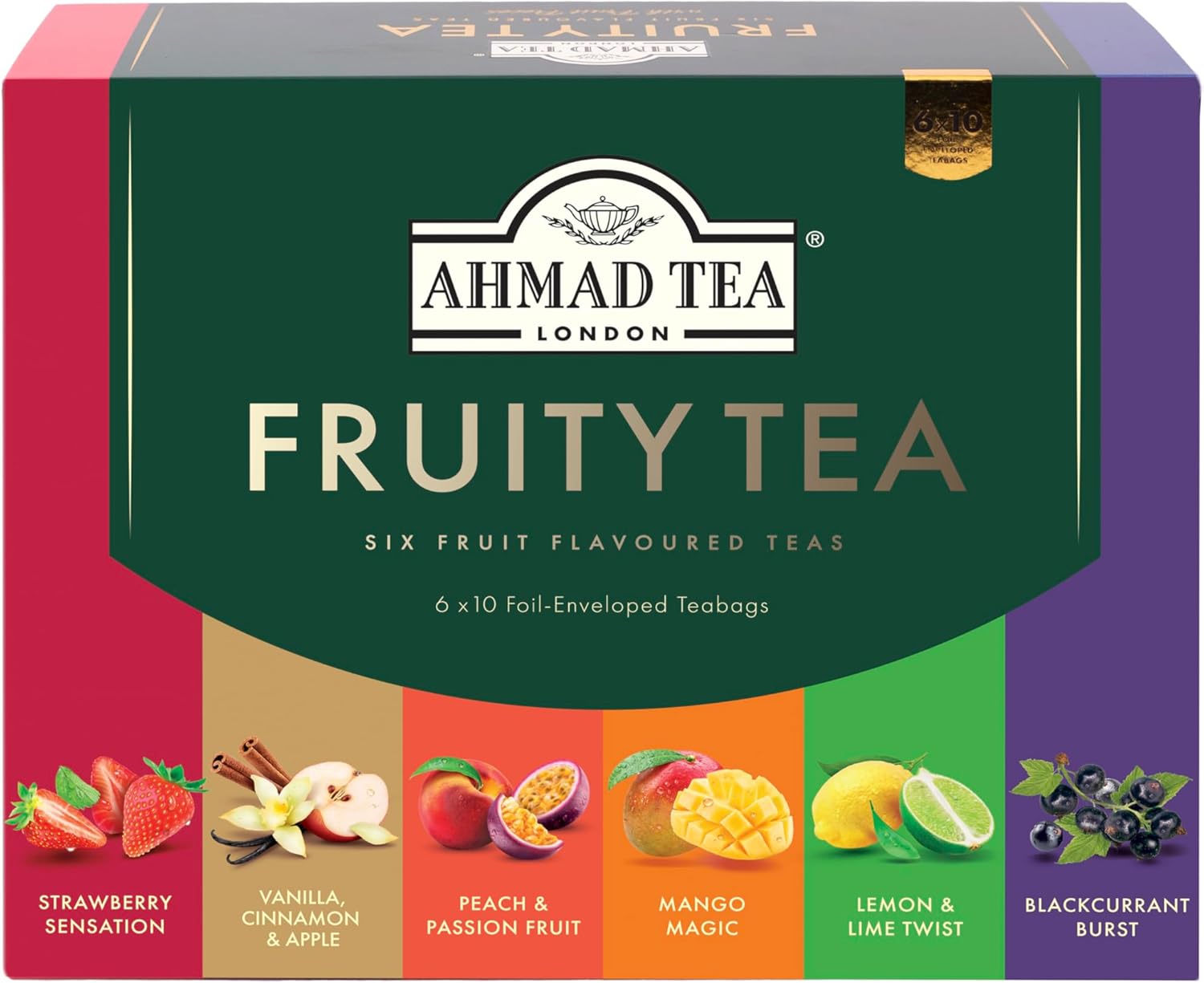 Ahmad Tea Black & Green Tea, Fruitytea Assorted Sampler Variety Gift Box, 60 Foil Teabags - Caffeinated & Sugar-Free