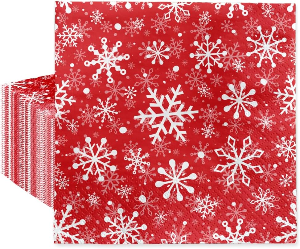 PAW - Winter Luncheon Napkins 6,5'' x 6,5'', Red Disposable Paper Napkins with Snowflakes, Lunch Napkins for Winter Birthdays, Christmas Parties, New Years, Decoupage, 50 Count