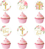Cheereveal 36 PCS Baptism Cupcake Toppers Pink Gold, God Bless Cross Cupcake Picks First Holy Communion Christening Cupcake Decorations, Christian Religious Baby Shower Birthday Party Supplies