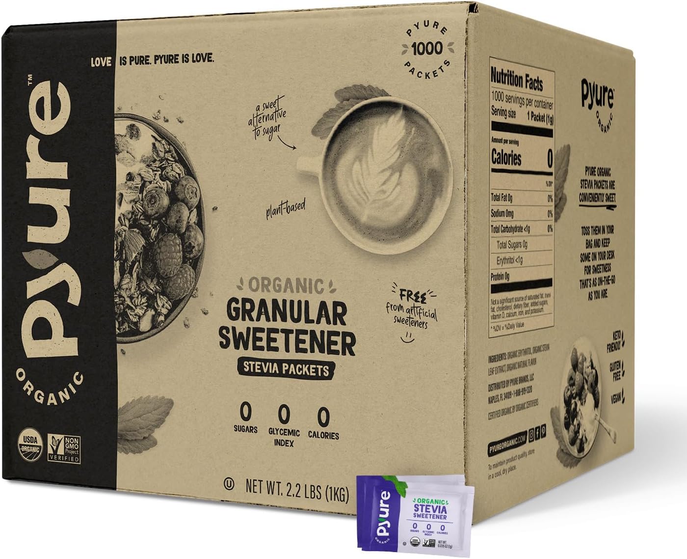 Pyure Organic Stevia Packets | Zero Calorie Sweetener for Coffee, and Baking | Granulated Stevia Sugar Substitute | Plant-Based, Keto, Diabetic & Paleo Friendly | USDA Organic, Non-GMO | 1000 Packets