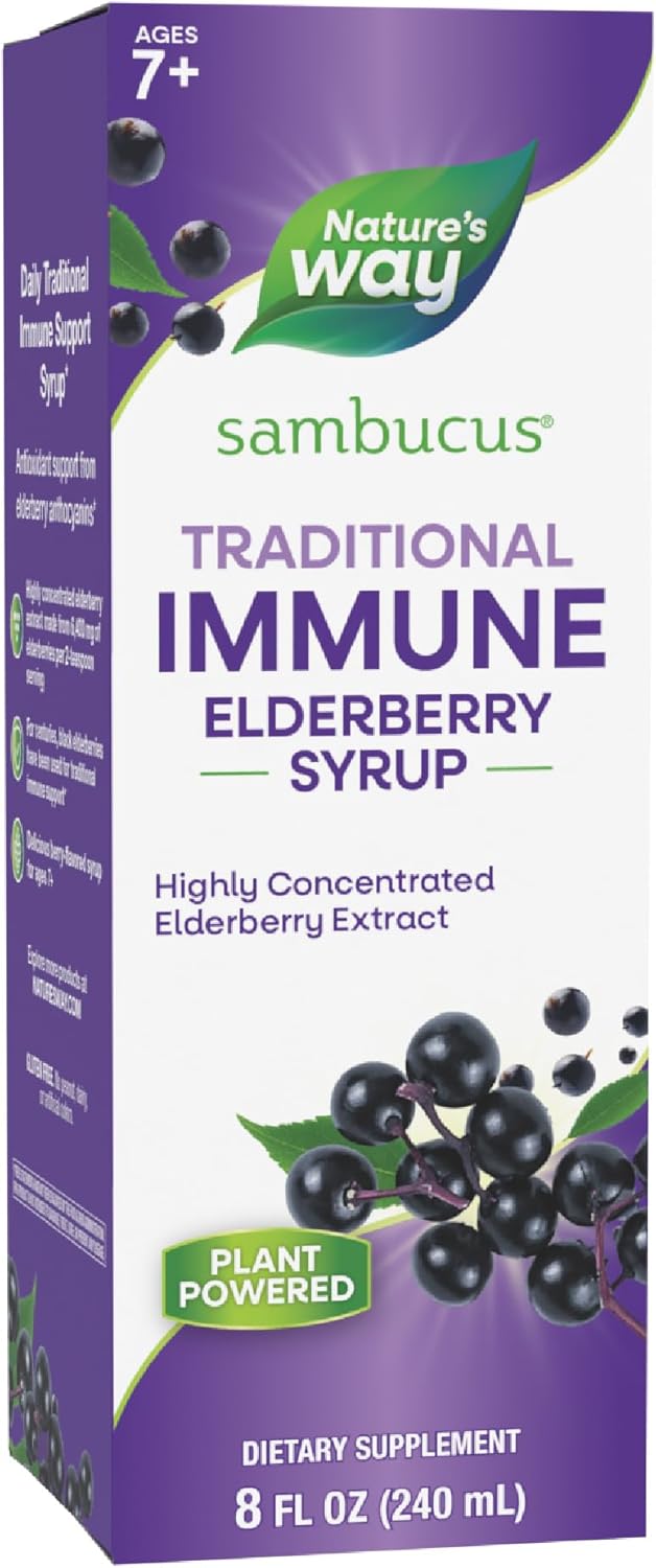 Nature’s Way Sambucus Elderberry Traditional Immune Syrup, Highly Concentrated Black Elderberry Extract, Traditional Immune Support*, Delicious Berry Flavored, 8 Fl Oz (Packaging May Vary)