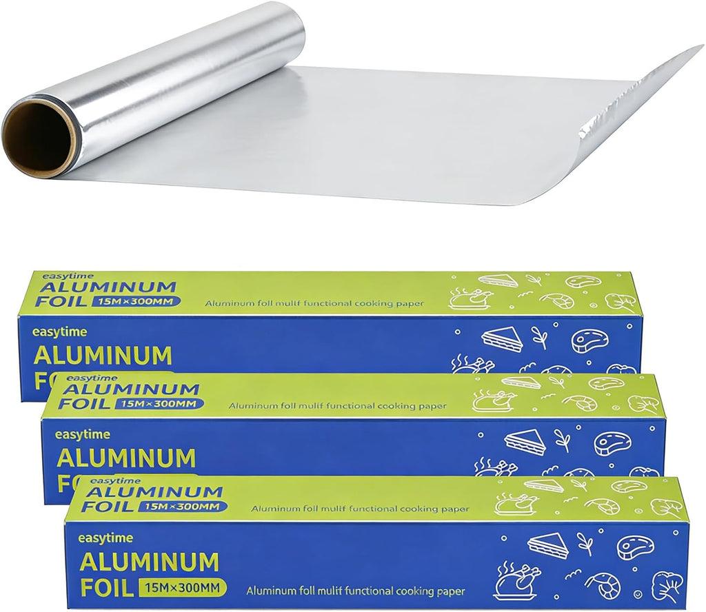 12in x 148ft Aluminum Foil Roll, Food Grade Aluminum Foil Non-Stick High Temperature Resistant Tin Foil Wrap with Cutter for Cooking, Grilling, Baking, Food Storage (3 Pack 12in x 49.2ft)