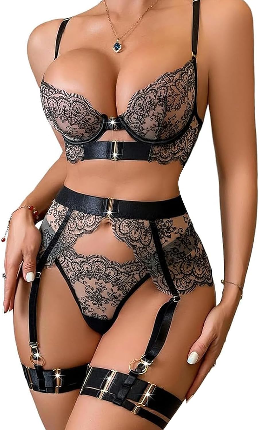 Floral Embroidery Mesh Sheer Underwire Push Up Garter Belt Lingerie Set 3 Piece
