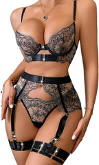 Floral Embroidery Mesh Sheer Underwire Push Up Garter Belt Lingerie Set 3 Piece
