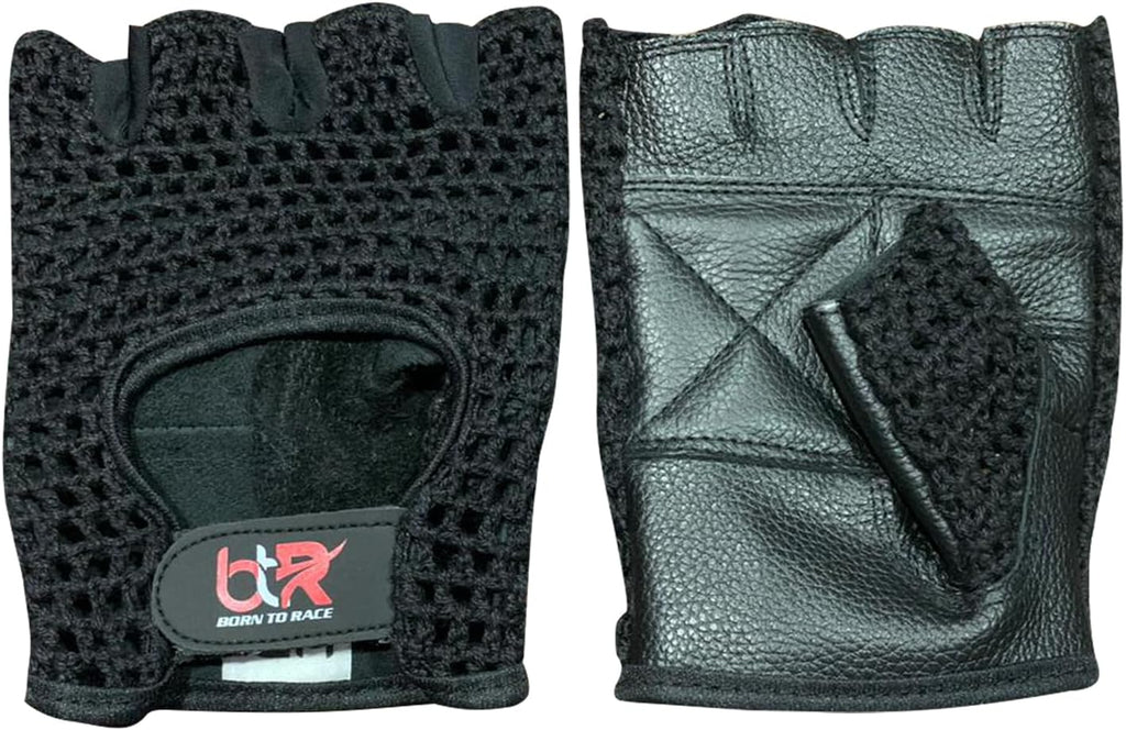 Chauffeur Driving Gloves Mesh Net Fingerless Cowhide Leather Palm Cotton Crochet Back Cycling, Wheelchair Gloves
